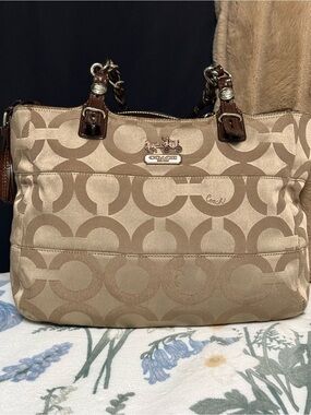 Coach Madison Tribeca Op Art Sateen Tote Chain Strap Bag Brown Khaki 14133